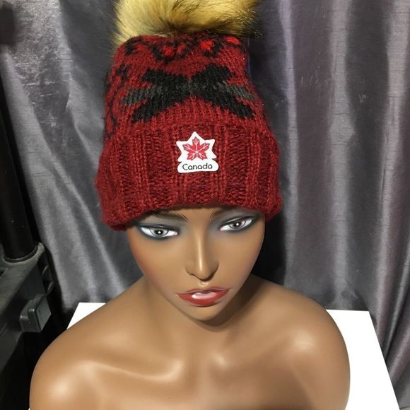Canada Red Black Pom Pom Beanie One Size Wool Blend - Picture 5 of 12
